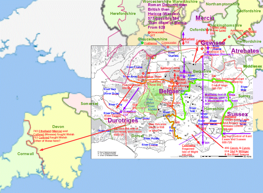 Map showing Wessex expansion and contraction 552-726