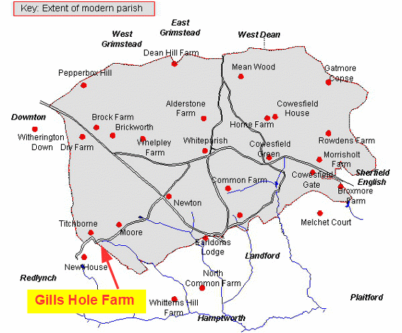 Orientation map showing position of Gills Hole in Whiteparish