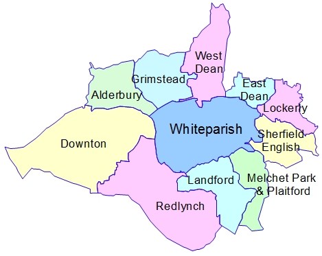 Map showing the parishes surrounding Whiteparish