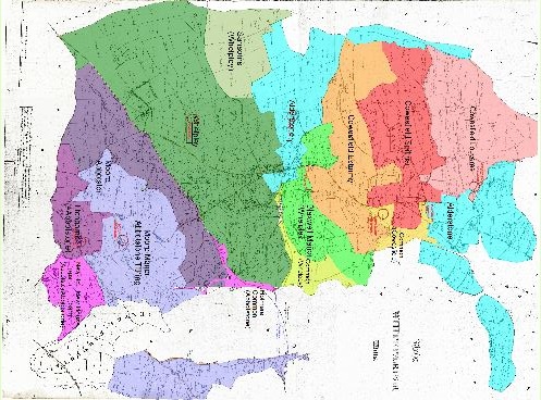 Map showing the four tithings and eight manors Map showing the four tithings and eight manors