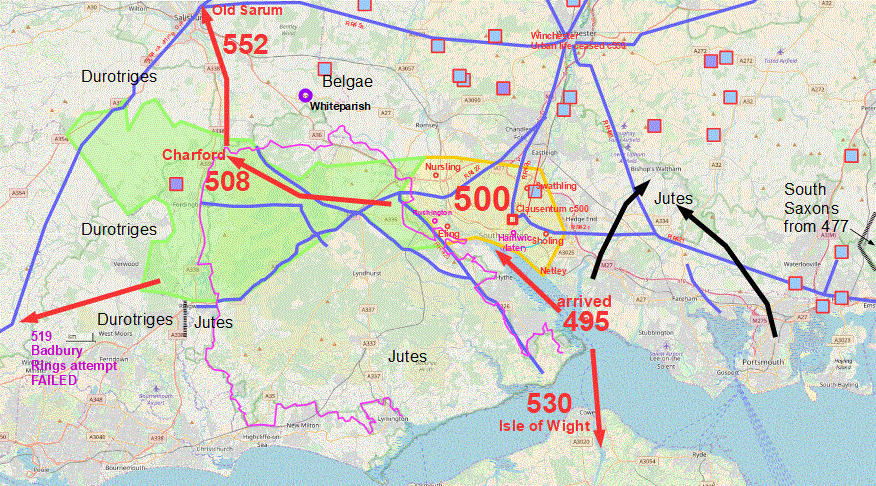 Map showing extent of Wessex in 500 and 508 Map showing extent of Wessex in 500 and 508