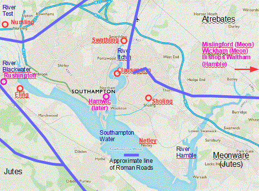 Map showing early Saxon settlements around Southampton Map showing early Saxon settlements around Southampton